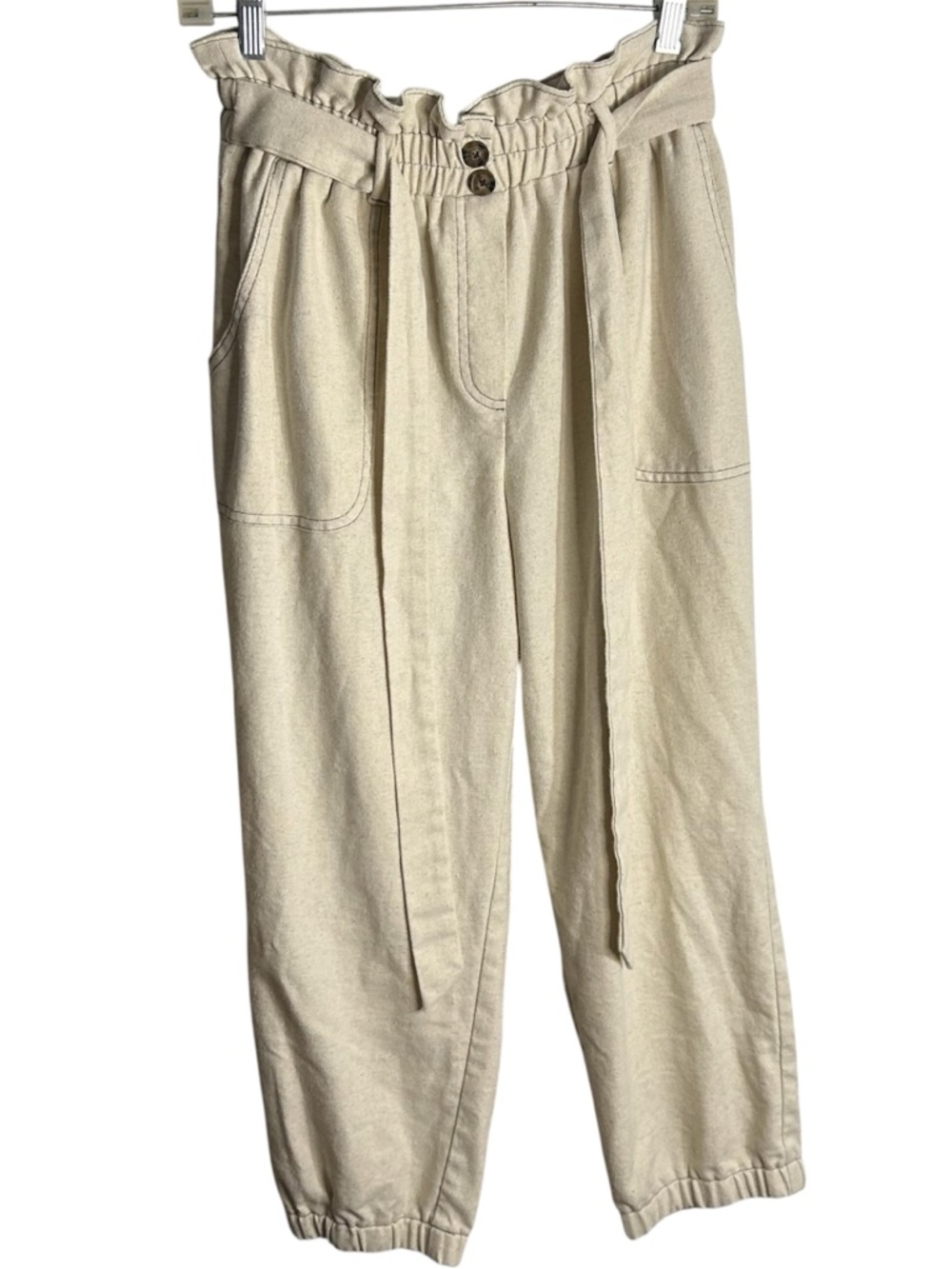 Sienna Sky Neutral Cream Paperbag Linen Type Fabric Pants with Tie Belt Size L